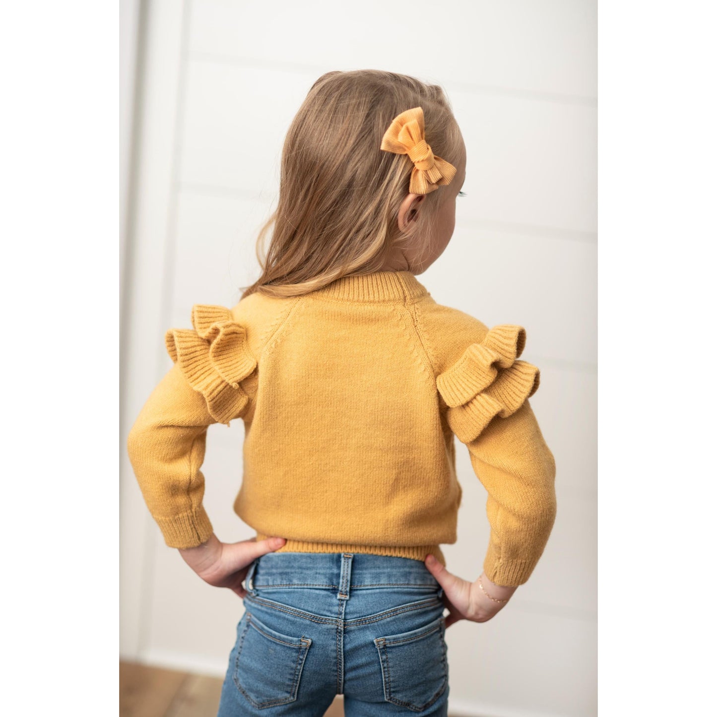 Mustard Double Ruffle Crew Neck Fall Sweater