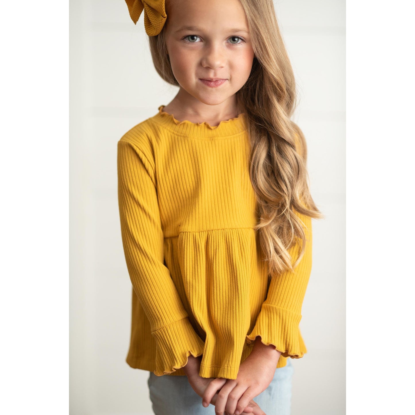 Mustard Long Sleeve Lettuce Trim Ribbed Shirt