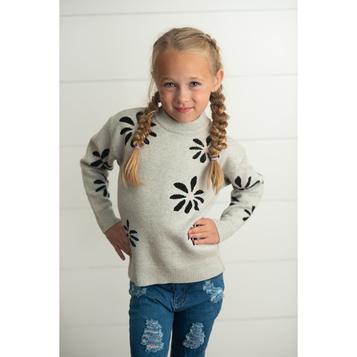 Light Gray Flower Crew Neck Fall Sweater