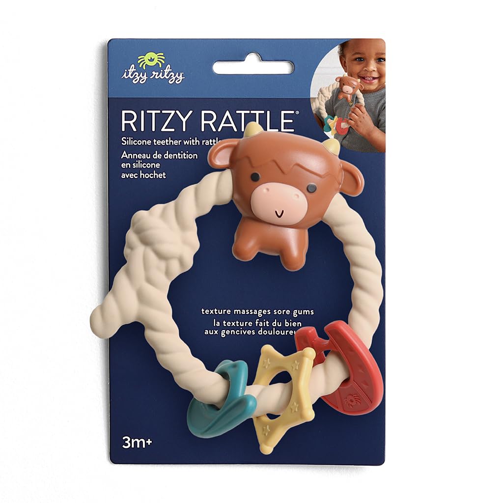 Highland Cow Ritzy Rattle® with Teething Rings