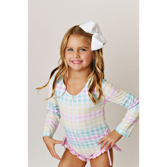 Rainbow Gingham Rashguard Swimmy UPF 50
