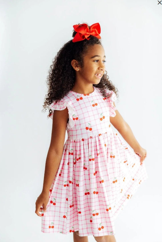 Cherry Sweet Flutter Sleeve Twirl Dress