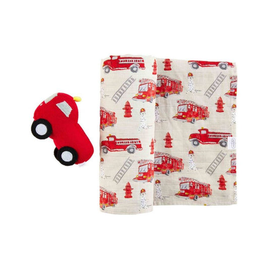 Fire Truck Swaddle & Rattle Set