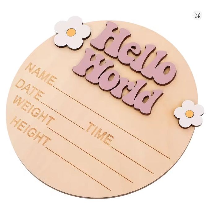 Mauve Flower “Hello World” Wooden Birth Announcement Sign – Newborn Photo Prop