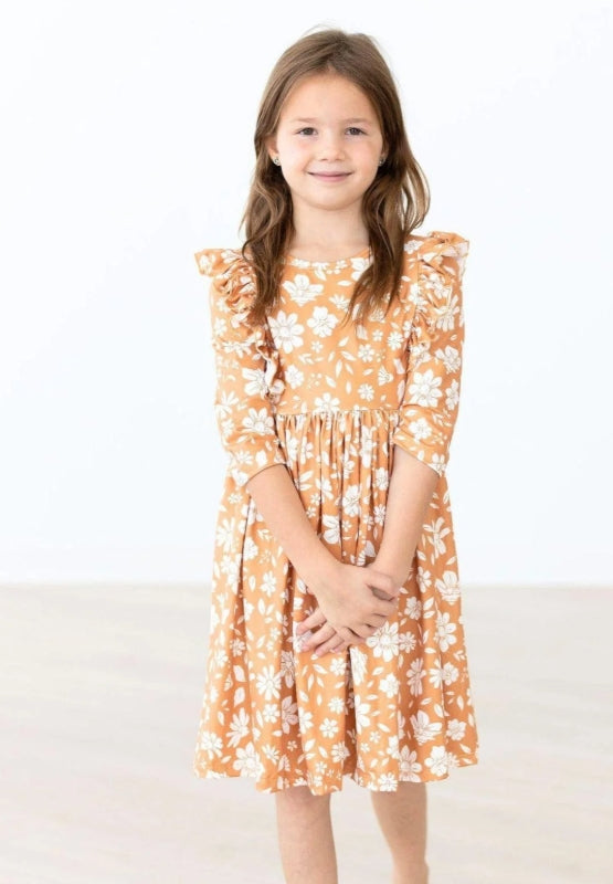Golden Blooms Ruffle Twirl Dress