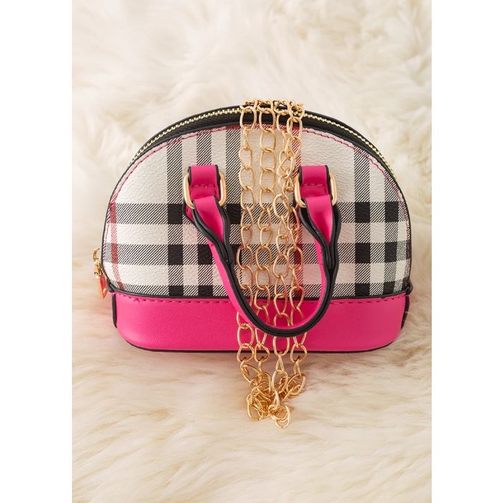 Hot Pink & Tan Plaid Mini Half Moon Purse