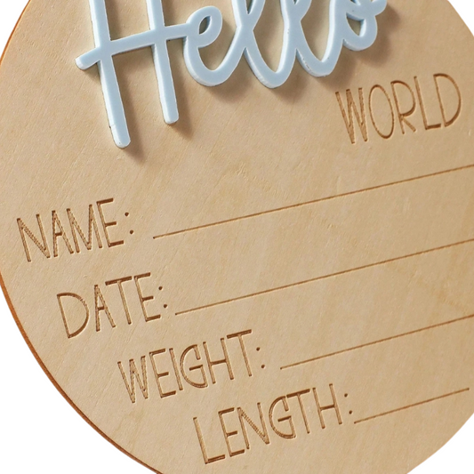 Baby Blue “Hello World” Wooden Birth Announcement Sign – Newborn Photo Prop