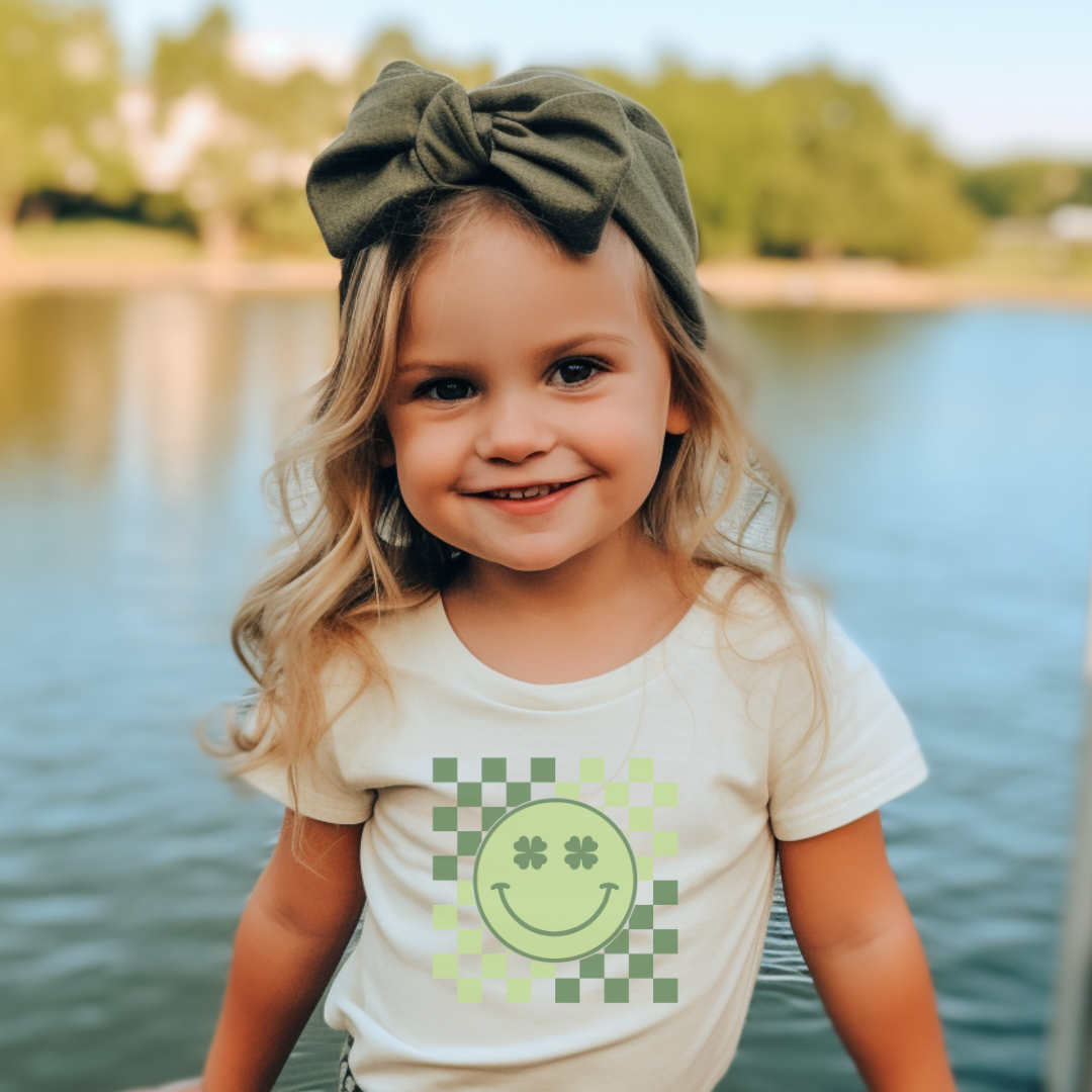 Smiley Checkered Clover Graphic Tee Shirt