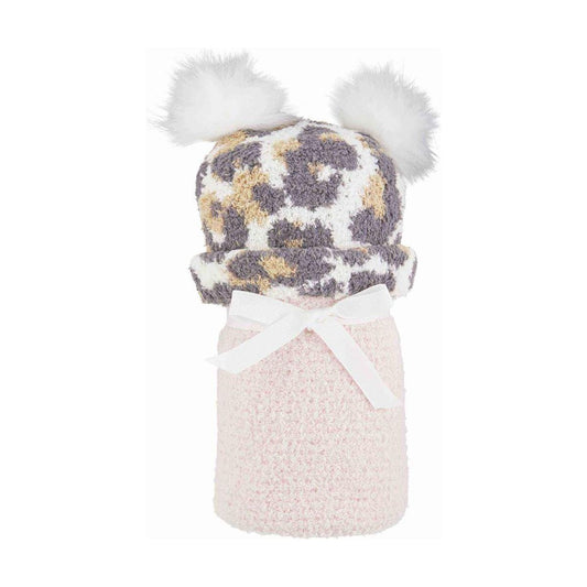 Pink Chenille Leopard Hat and Blanket