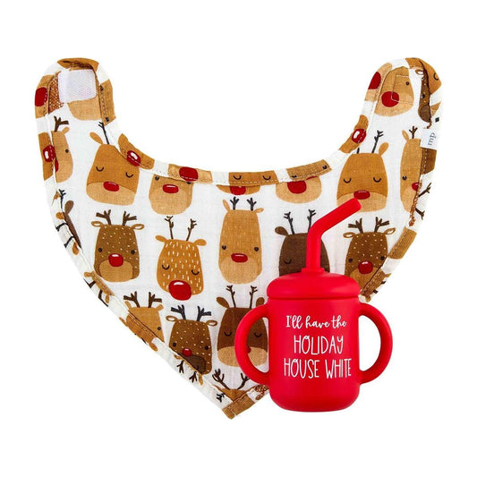 Reindeer Red Christmas Bib And Cup Set - Jayla's Bowtique