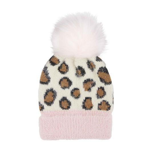 Ivory Fuzzy Knit Leopard Hat (Infant & Toddler Sizes)