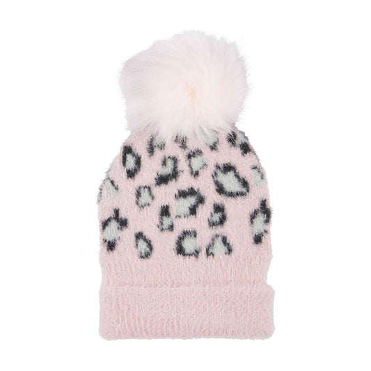 Pink Fuzzy Knit Leopard Hat (Infant & Toddler Sizes)
