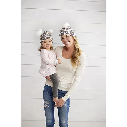 Ivory Mommy & Me Leopard Beanie Hat Set