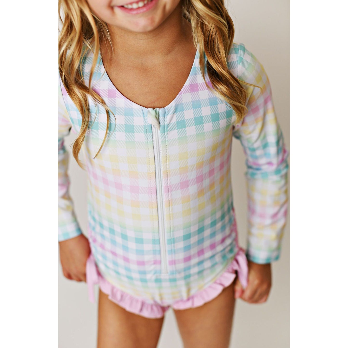 Rainbow Gingham Rashguard Swimmy UPF 50