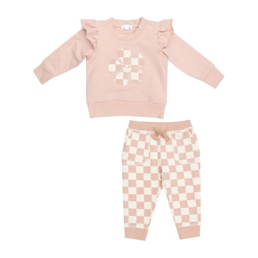 French Terry Checkerboard Pink Ruffle Sweatshirt & Jogger