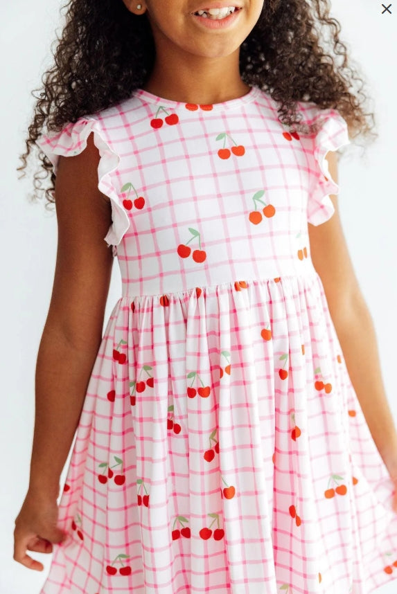 Cherry Sweet Flutter Sleeve Twirl Dress
