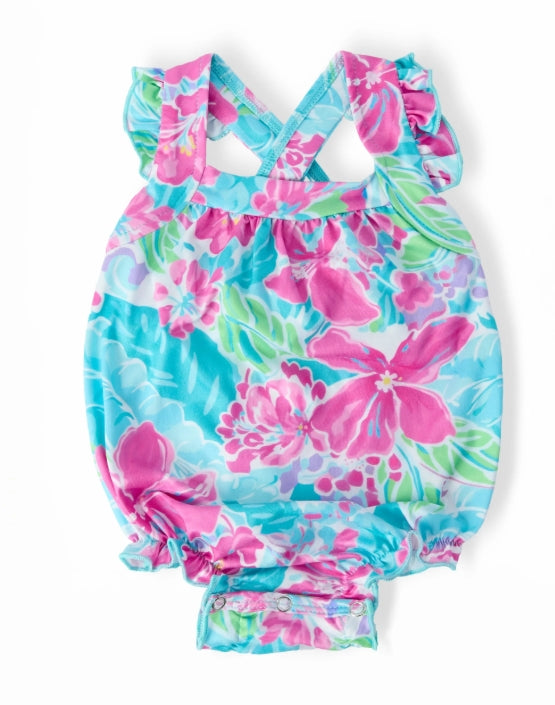 Tropical Punch Ruffle Cross Back Romper