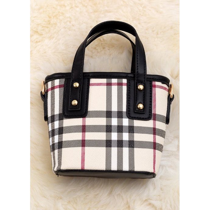 Black & Plaid Printed Mini Tote Purse