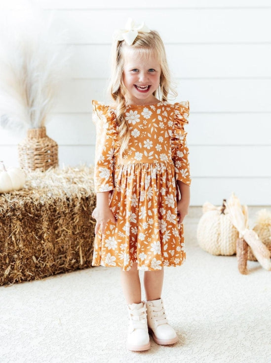 Golden Blooms Ruffle Twirl Dress