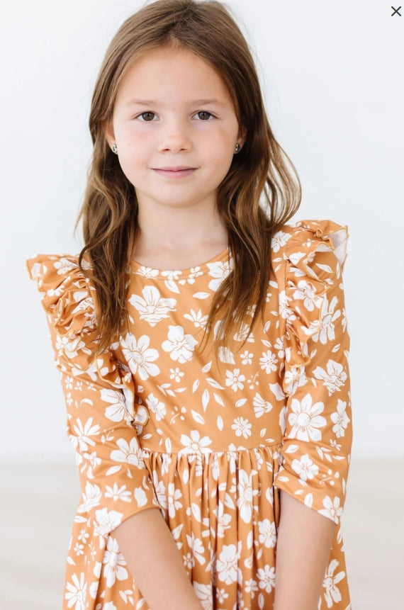 Golden Blooms Ruffle Twirl Dress