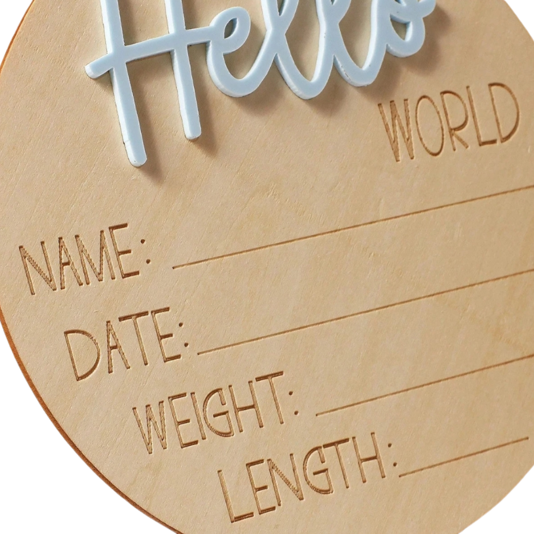 Baby Blue “Hello World” Wooden Birth Announcement Sign – Newborn Photo Prop
