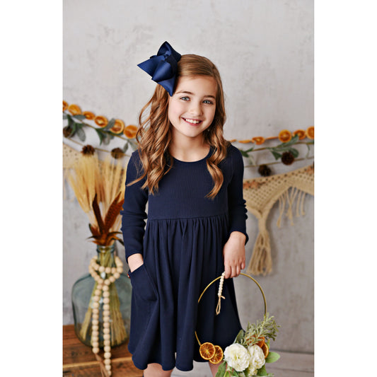 Navy Ribbed Ballet Pocket Dress