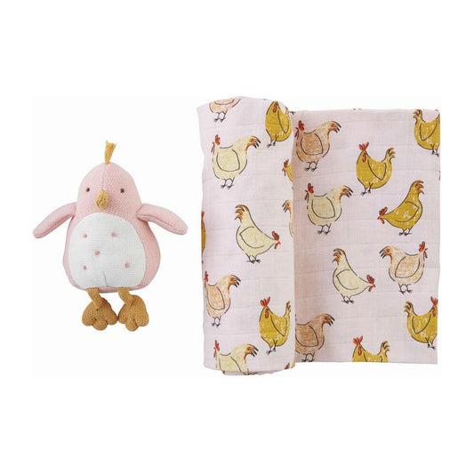 Pink Chicken Swaddle Blanket & Rattle