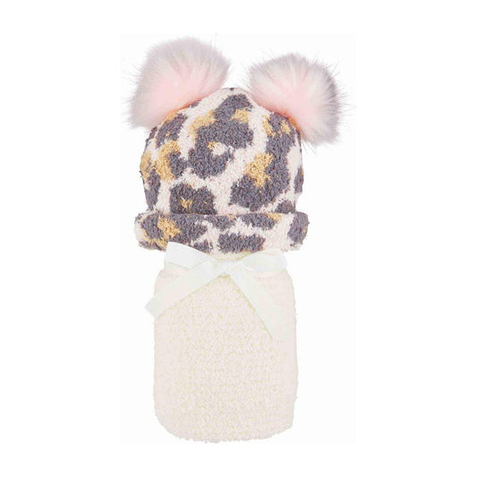 Ivory Chenille Leopard Hat and Blanket