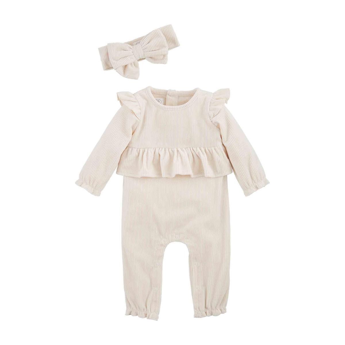 Cream Velour Baby Bodysuit Set
