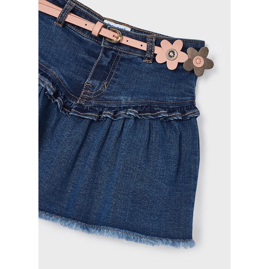 Denim Fray Skirt with Flower Belt
