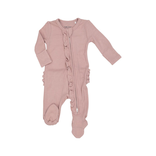 Rib Silver Pink 2 Way Ruffle Zipper Footie